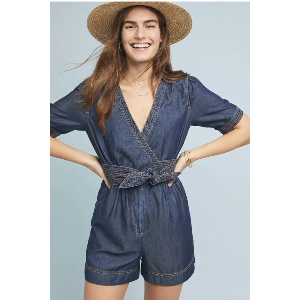 Anthropologie‎ Pilcro Belted Denim Romper Sz 0 Shorts Wrap Tie Waist Blue